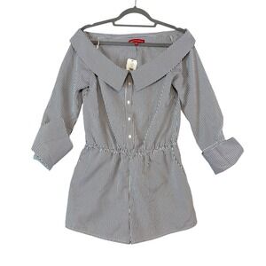 SAKS FIFTH AVENUE Black White Stripe Off Shoulder‎ Romper Playsuit Sz M Coastal